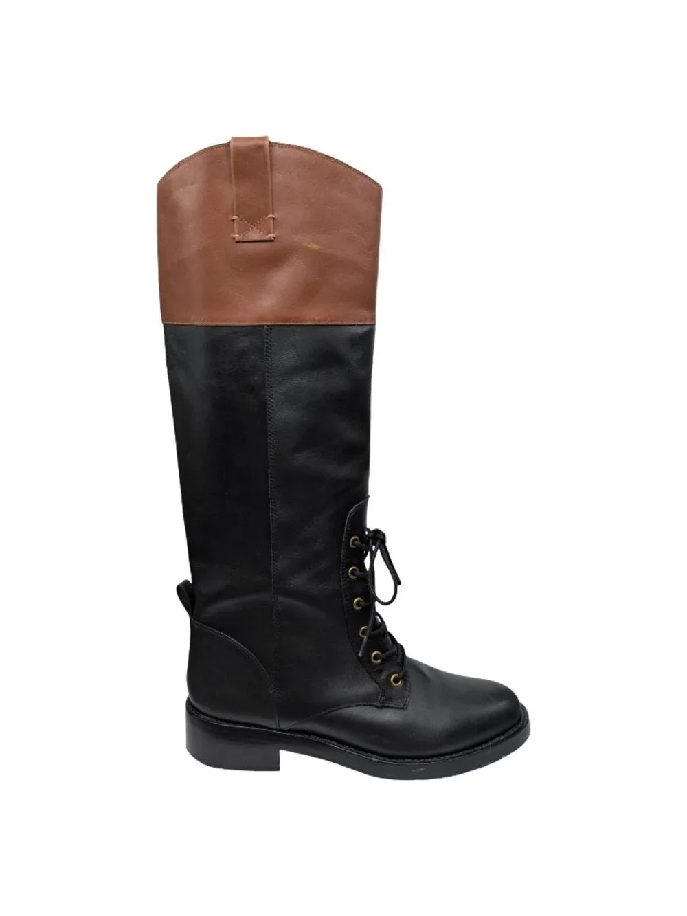 J.CREW Leather Riding Boots Womens Black Brown Lace Up Knee High BD425 Size 8